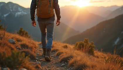 Fototapeta premium Person with backpack hikes on mountain trail at sunset. Hiker climbs grassy slope, enjoys golden hour light, views expansive landscape. Outdoors adventure, journey towards summit.