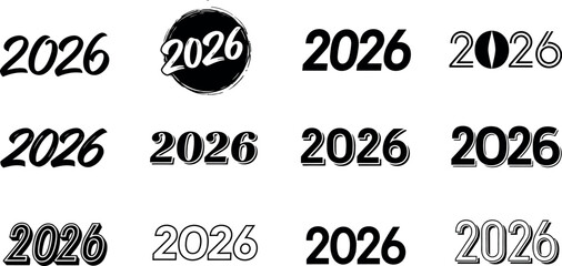 Collection of twelve unique typographic designs featuring the year 2026 in various artistic styles and fonts