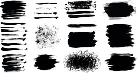 Collection of sixteen diverse black ink grunge brush stroke textures and splatters on white background