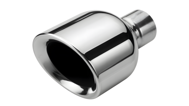 Polished chrome exhaust tip with sleek design and reflections, perfect for automotive projects or performance upgrades, modern style