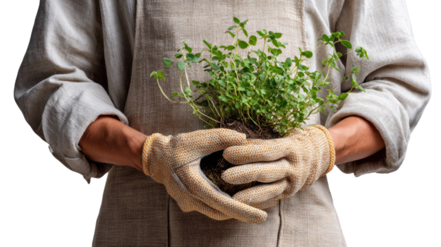 Nurturing Green: A close-up view of a person wearing gloves tenderly cradling a vibrant green plant in soil. this symbolizes growth, care, and the symbiotic relationship between humans and nature.