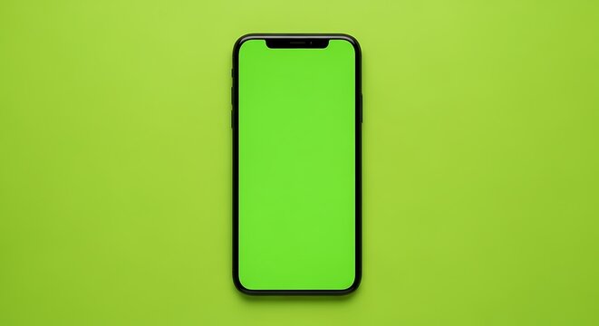 Modern smartphone with green screen on vibrant green background.