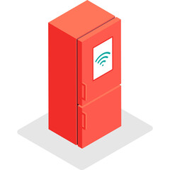 Isometric Red Refrigerator With Wi-Fi Symbol On White Background