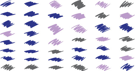 Collection of abstract hand drawn scribbles and brush strokes in purple blue gray and lavender on white background