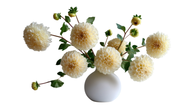 Elegant Floral Arrangement: A serene display of pristine white chrysanthemum blossoms, delicately arranged in a minimalist vase, embodying purity and the simple beauty of nature.