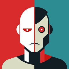 Stylized robot portrait with split red and teal background