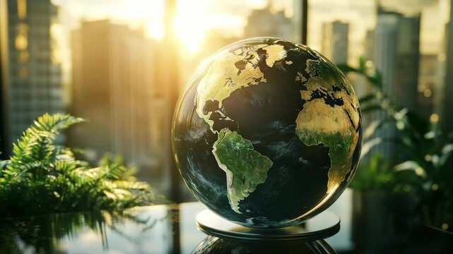 Globe on desk with cityscape background during sunset. Earth map showing continents and oceans.