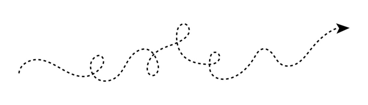 Dotted squiggle arrow line, hand drawn wavy dashed direction path, abstract looped arrow curve isolated