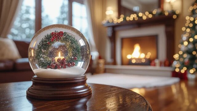 Snow globe with Christmas wreath and candle in a cozy living room.