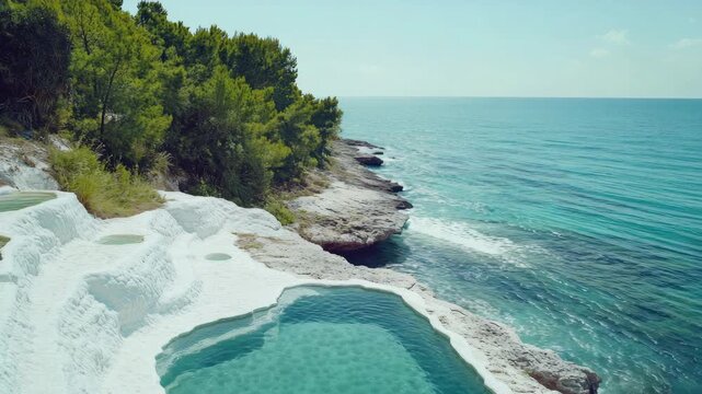 Aerial view of upscale coastal resort with blue water and luxurious facilities.