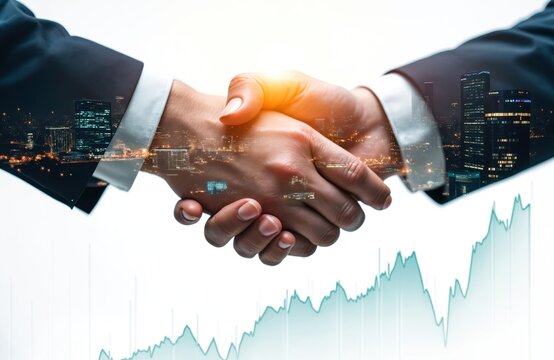 Two business people shake hands. Cityscape, growth graph overlay. Concept of global partnership agreement, corporate synergy, startup funding, new technology, business negotiations, stock market