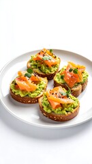 Delicious Avocado Toast with Smoked Salmon Appetizers on White Plate.