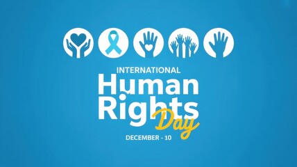 International human rights day poster with hands and ribbon on a blue background design graphic