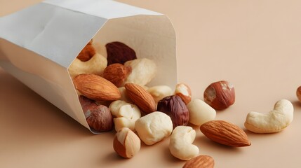 Assortment of shelled nuts spills from a plain white paper container onto a light brown surface