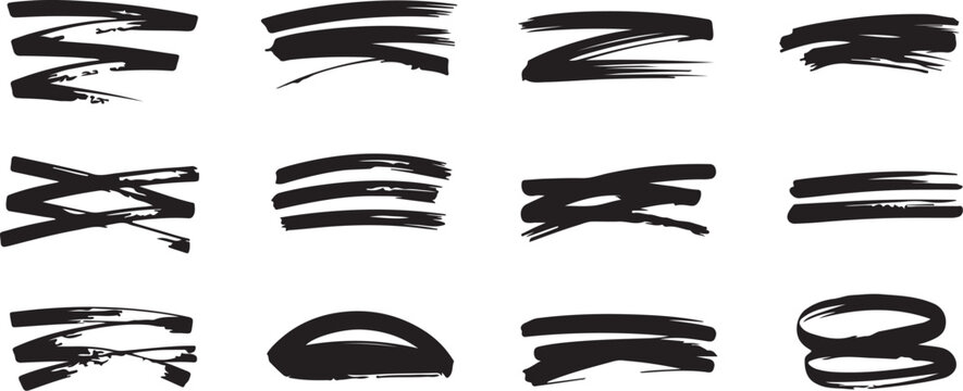 Dynamic black brush strokes and scribbles offer versatile design elements for modern graphics, adding artistic flair and visual emphasis to any project.