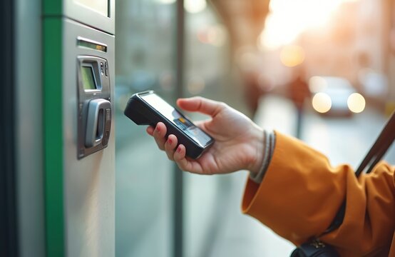 Woman pays for public transport using smartphone app contactless. Urban travel, city journey. Hand holds phone near payment terminal for ticket purchase. Daylight transit.