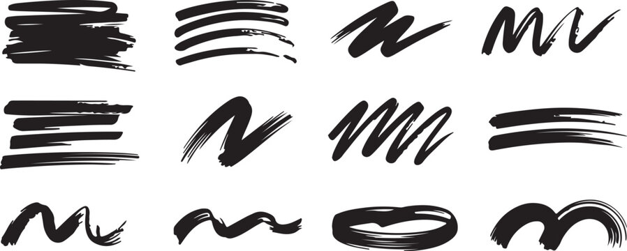 Dynamic black ink brush strokes and scribbles offer artistic flair for modern design projects and creative layouts