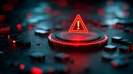 Illuminated warning symbol hovers above a futuristic circuit board platform glowing with intense red light