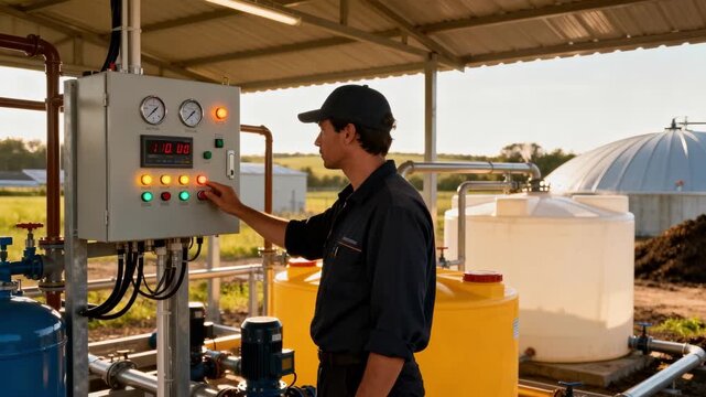 Technician monitors control panel in rural biogas plant ensuring efficient conversion of organic waste into renewable energy under natural daylight.