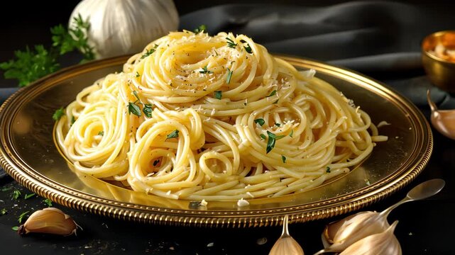 Delicious spaghetti pasta dish with garlic and herbs on a decorative plate, 4k video