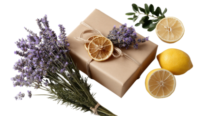 Gift of Nature: a beautifully presented gift box adorned with a sprig of fresh lavender, lemon slices, and a bouquet of lavender, evoking a sense of calm and natural beauty. 