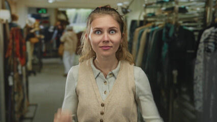 Woman touching eyes rubbing displays surprised expression in store with blonde young model near shop clothing racks in an indoor environment.