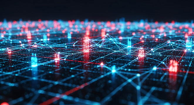 Abstract digital network grid with glowing blue and red nodes