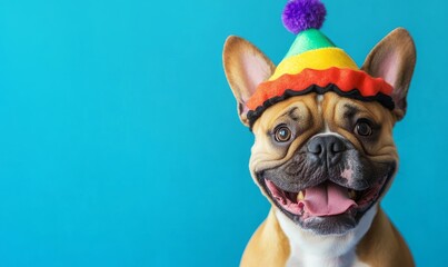 Happy French Bulldog wearing a colorful party hat with a bright blue background