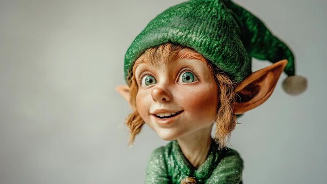 Elfin figure smiling, wearing green outfit, holiday ornament or decoration