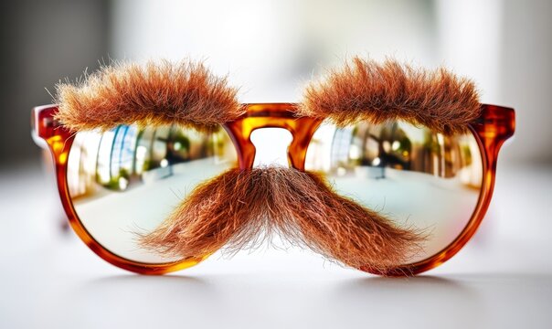 Humorous sunglasses with a furry mustache and eyebrows accessory creating a playful and quirky appearance