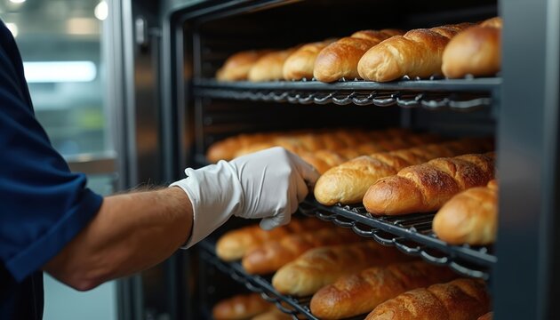 Baker with gloves arranges fresh baguettes on rack inside industrial oven. Many loaves baked in commercial bakery. Preparing warm bread for sale in shop.