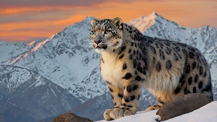 The Snow Leopard stands at the edge of a snowy ridge, bathed in the orange glow of sunset. Ai