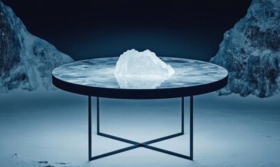 Iceberg floating on a reflective surface surrounded by icy mountains in a cold, dark environment with a mysterious atmosphere