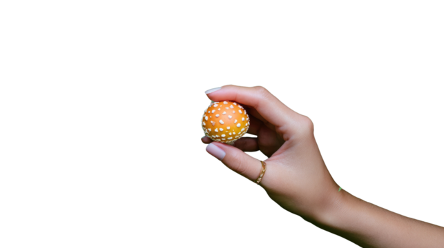 Holding Mushroom: An elegant hand delicately holds a vibrant, spotted mushroom against a neutral backdrop, highlighting the beauty of nature's unique treasures.
