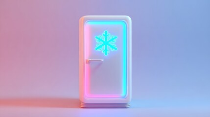 Minimalist appliance with glowing neon border and snowflake symbol sits against a soft gradient background