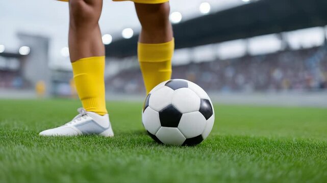 Soccer player preparing for kickoff on lush green field in vibrant yellow uniform