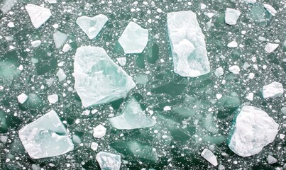 Icebergs and ice fragments floating on a cold, turquoise ocean surface creating a dynamic natural scene