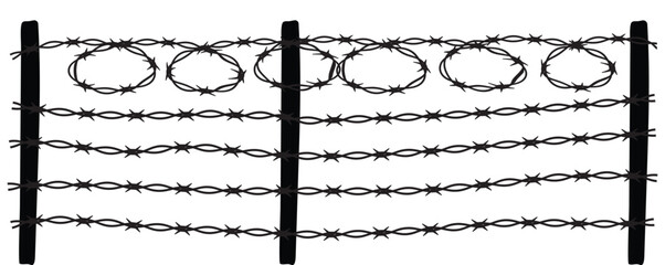 Barbed wire silhouette vector -White background with Black barbed wire horizontal vector. Straight line sharp barbed wire illustration vector
