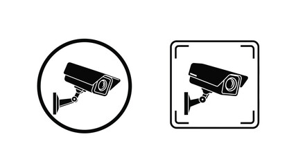 Black and white security camera icons in a circular and square frame