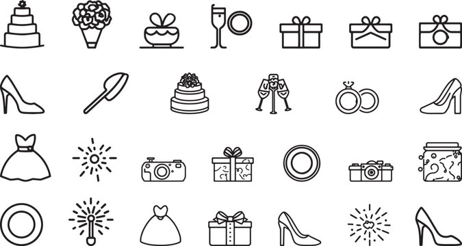 Wedding celebration line icon set with cake, rings, champagne, gifts, heels, dress, camera and decorations
 - Powered by Adobe