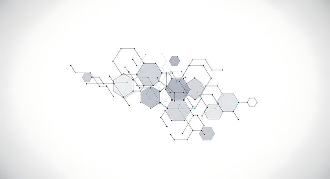 Abstract geometric network of interconnected hexagons and lines on white background