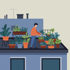 Illustration of a rooftop garden with a person tending potted plants on a flat roof
