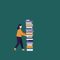 A person in an orange shirt and navy pants walks, carrying a tall stack of colorful books, in front of green background