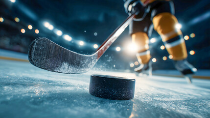 Close up action of hockey stick controlling black puck during intense ice hockey game, dynamic movement, bright arena lights, winter sport excitement