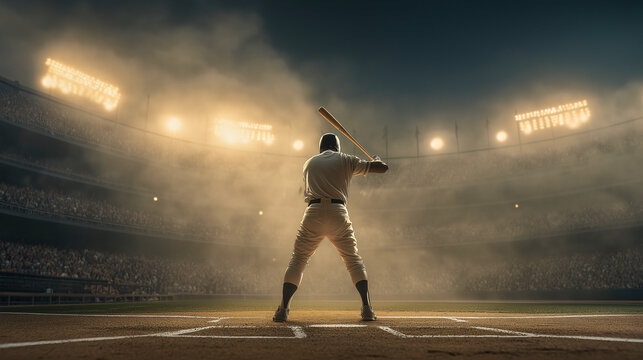 Baseball batter stands at home plate under bright stadium lights, dramatic back view, intense atmosphere, anticipation, professional sports event, evening game