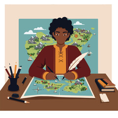 A person with a map, a quill and pencils on a desk, creating. It's a flat style illustration