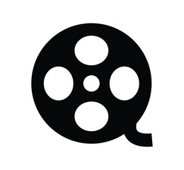 A black and white graphic of a film reel with four large circles and one small circle in the center