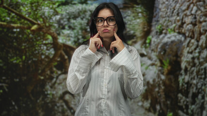Hispanic woman presses her cheeks with red manicured fingers while standing among winding tree roots in lush forest; playful joy.