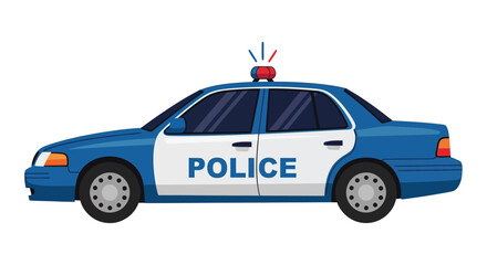 A cartoon illustration of a blue and white police vehicle on display © Jesmin