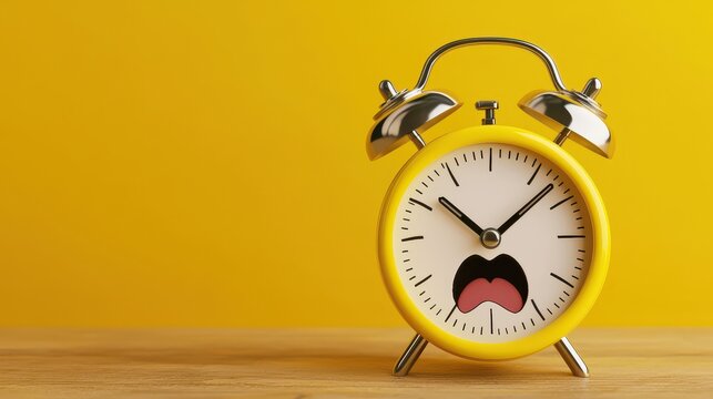 Yellow Alarm Clock with Cartoonish Face Depicting Surprise Against a Bright Yellow Background, Emphasizing Time Management and Daily Routines